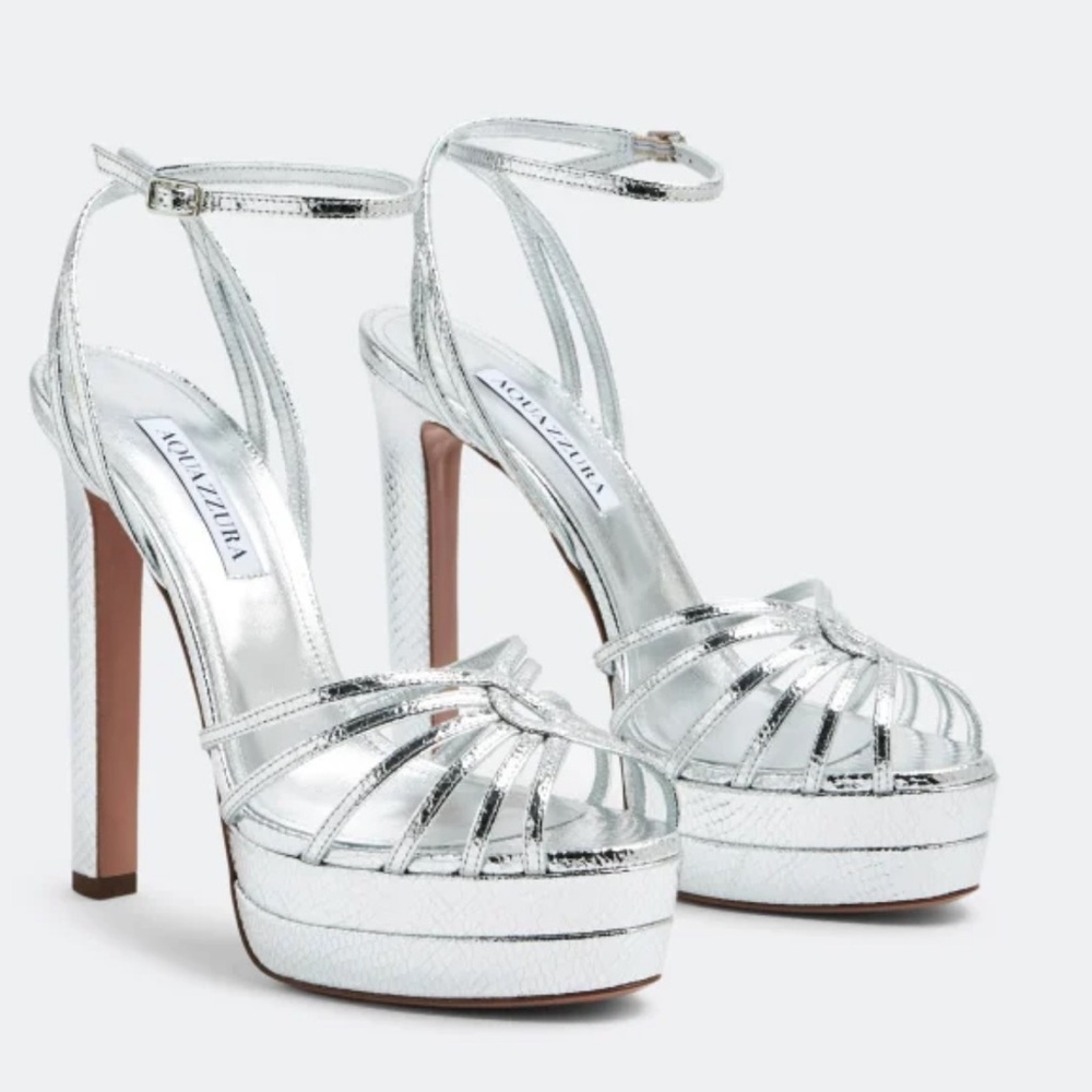 Aquazzura Flow Metallic Silver Strappy Platform Heels